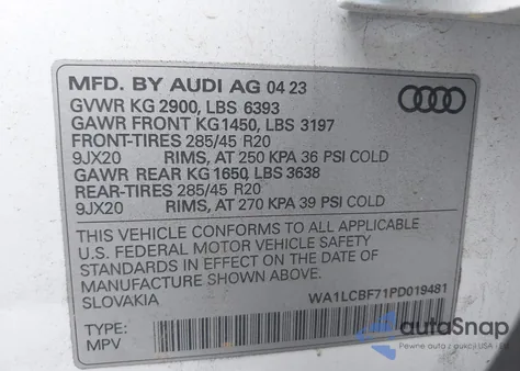 2023 Audi Q7 Premium Plus 45 Tfsi Quattro Tiptronic z USA, uszkodzony, nr VIN WA1LCBF71PD019481